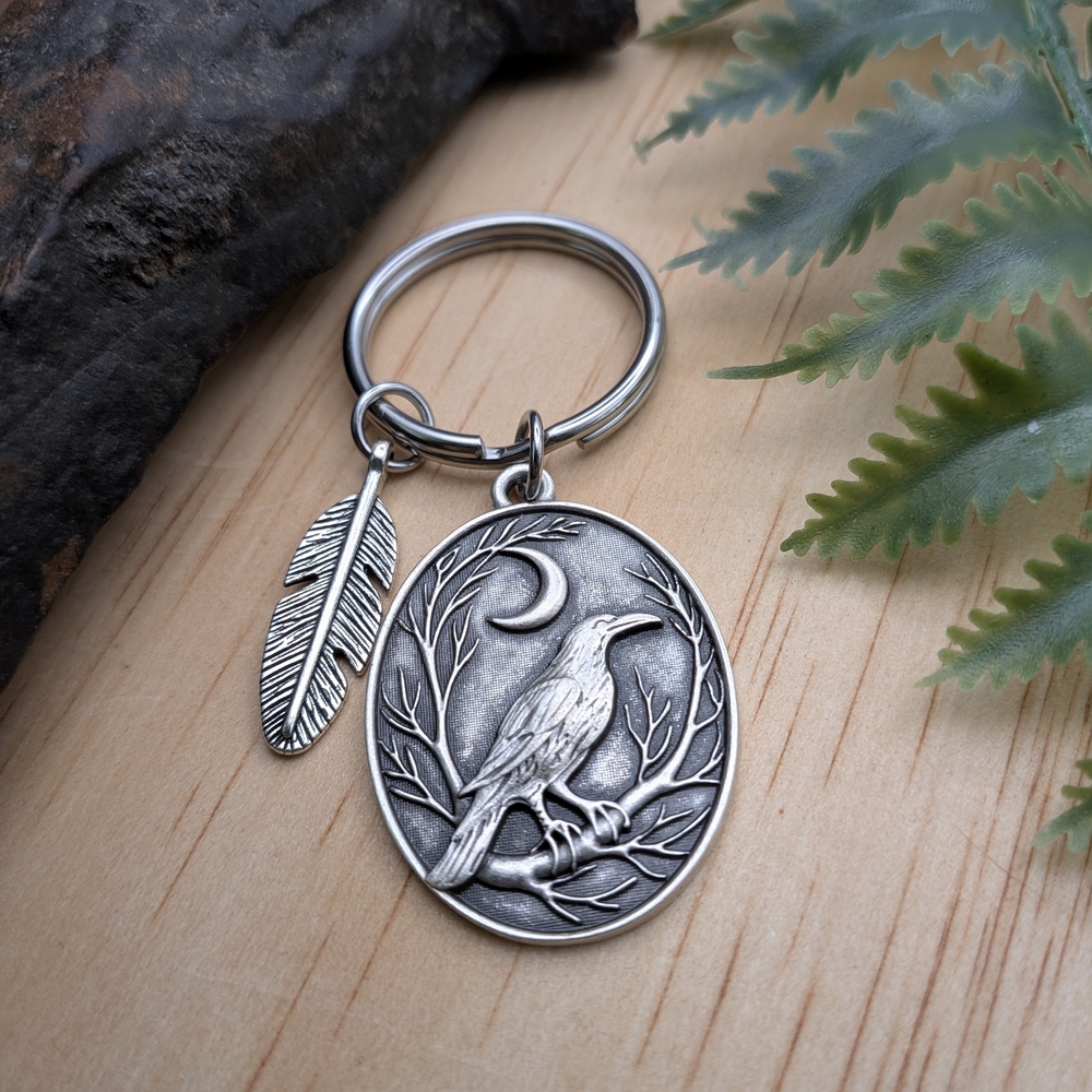 Silver Raven Keychain with Feather Charm